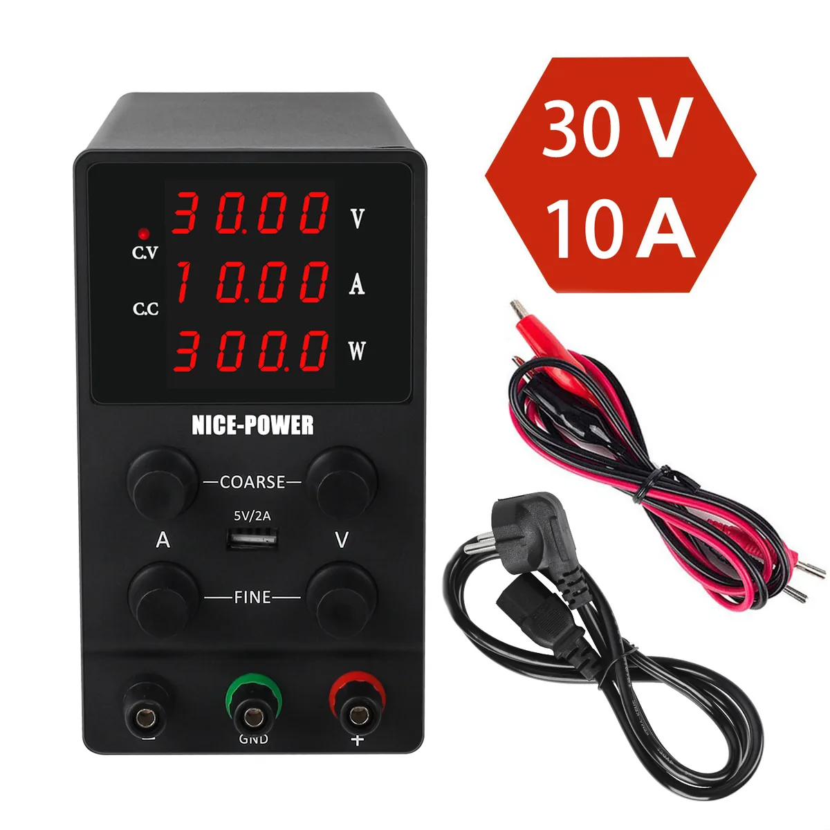 Лабораторный источник питания постоянного тока Kuaiqu SPS3010 с регулируемым 4-разрядным дисплеем, 30В / 10А, цвет черный